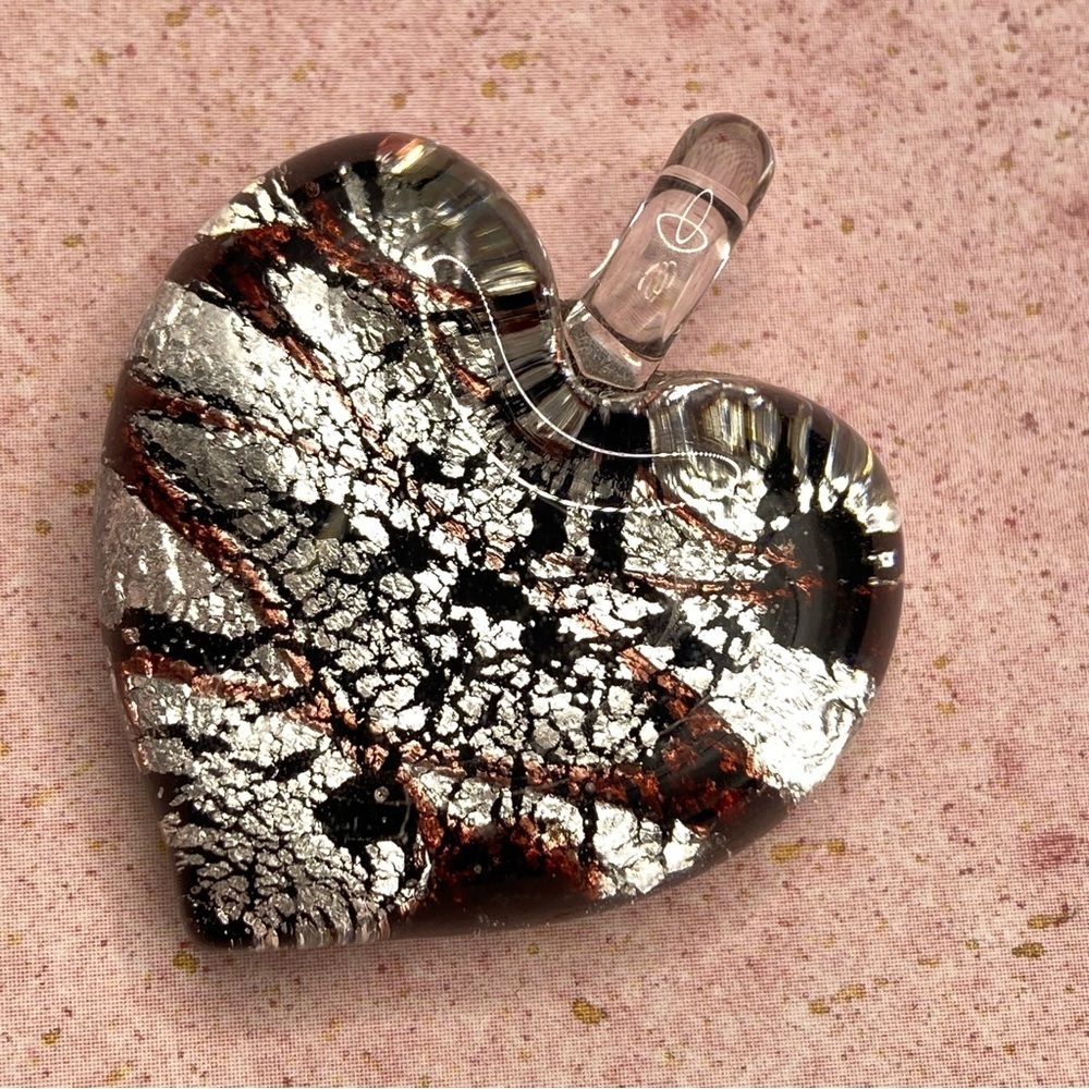 Art Glass Heart Pendant Black Silver With Glass Bail For Necklace